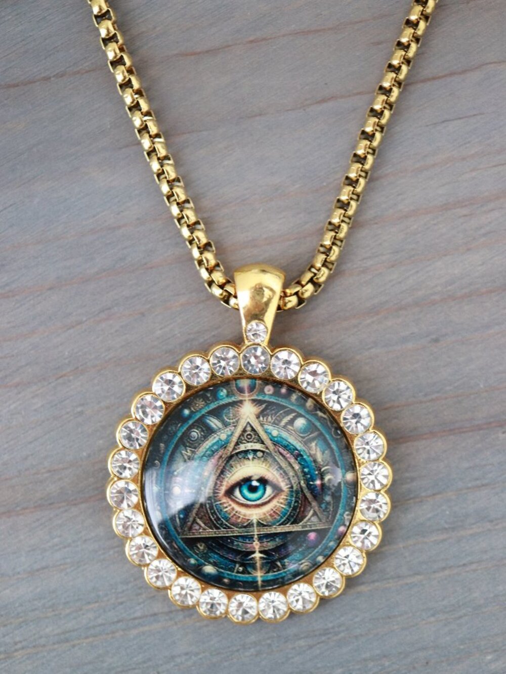 Evil Eye Round Blue Pendant with CZ Diamonds Necklace 18k Gold Plated Stainless